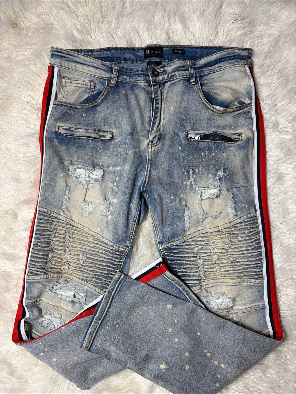 Men's Blue Skinny Distressed Jeans with Red Side Stripe